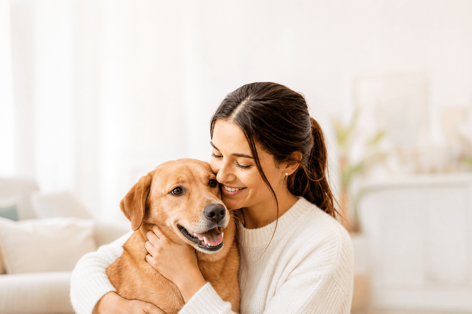 A dog owner holding her dog close in a bright, sunlit room